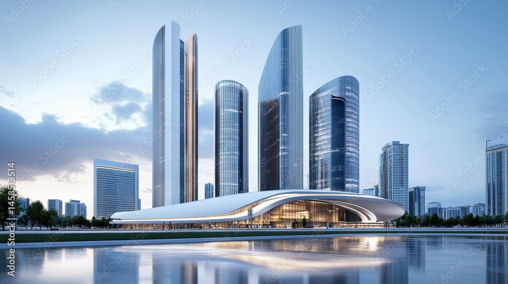 Obraz premium Modern city skyline featuring sleek skyscrapers and reflective water at dusk.