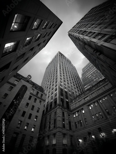 An upward shot of buildings.