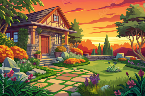 Backyard English cottage garden featuring brown stone pavement, lush green lawn, and colorful floral borders. Ideal for landscaping inspiration, countryside home design, and garden lifestyle vector