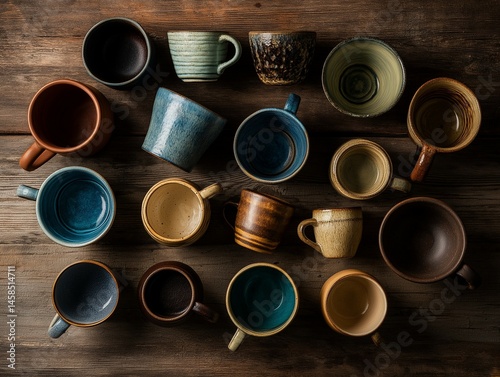 Handmade Ceramic Mugs on Rustic Wooden Table