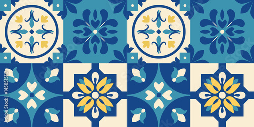 Floral geometric seamless pattern. Mediterranean folk background. Italian, Portuguese, Spanish ethnic tiles. Mosaic. Vector digital paper, wallpaper, ornament. 
