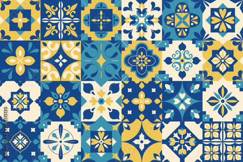 Mediterranean traditional pattern. Interior design. Blue and yellow kitchen tiles. Abstract geometric floral background, banner, cover, flyer. Mosaic. Damask. Vector illustration.