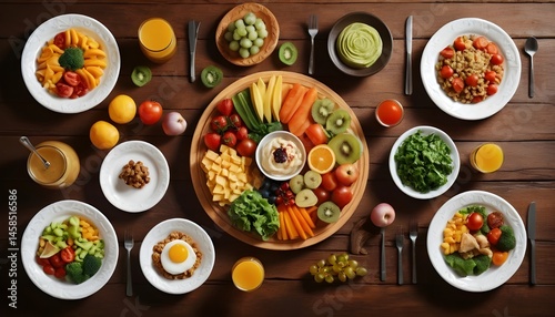 Produce realistic images of food dishes on a carved wooden table with a healthy diet menu against a background forming an abstract and visually striking composition and conveying a sense of warmth