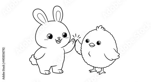 Happy Easter Bunny and Chick Giving High Five Coloring Illustration