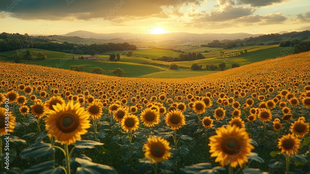 Fototapeta premium Sunflowers field at sunset
