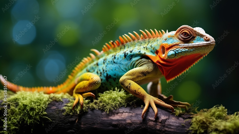 Fototapeta premium A vibrant, colorful lizard perched on a branch in its natural habitat, with detailed scales and striking colors of green, orange, and blue 