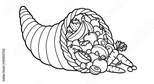 Cartoon Cornucopia Overflowing with Fruits Thanksgiving Coloring Page