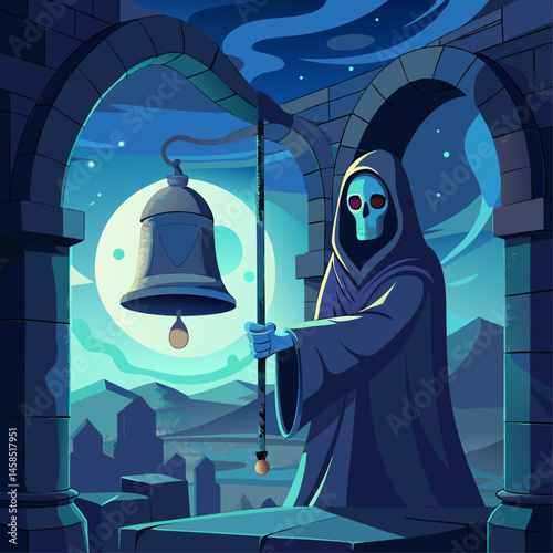 A skeleton is holding a bell in a dark, eerie setting. Scene is ominous and foreboding