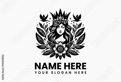 Vintage witch portrait in pointed hat surrounded by floral and leafy ornamental frame in symmetrical black and white vector logo, evoking mystery, nature, and ancient wisdom  