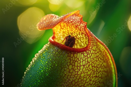 A glistening pitcher plant, dew-kissed, traps an unsuspecting insect within its vibrant, patterned depths.