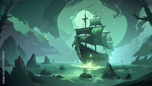 A ship sails through a dark, stormy sea. The sky is cloudy and the water is choppy. The ship is surrounded by rocks and there are several birds flying in the distance. Scene is one of danger