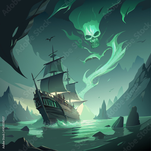 A ship sails through a dark, stormy sea. The sky is cloudy and the water is choppy. The ship is surrounded by rocks and there are several birds flying in the distance. Scene is one of danger