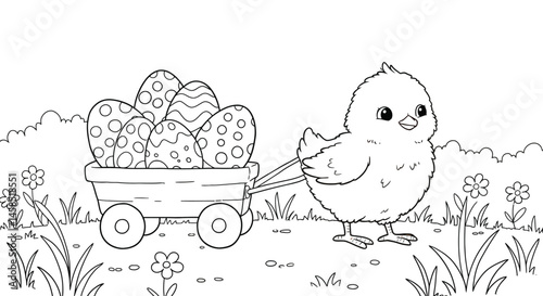 Cheerful Chick Character in Easter Wagon Parade Coloring Activity