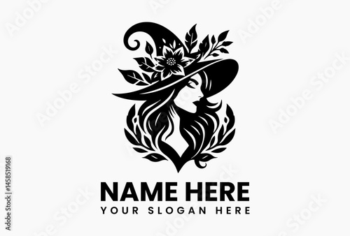 Vintage witch portrait in pointed hat surrounded by floral and leafy ornamental frame in symmetrical black and white vector logo, evoking mystery, nature, and ancient wisdom  
