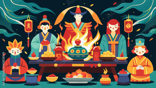 A colorful illustration of three people, two of which are dressed in traditional clothing, and a fourth person is a woman. The people are gathered around a table with food and drinks