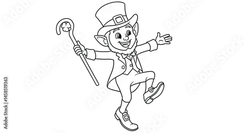 Whimsical Leprechaun Character Dancing Happily with a Cane Drawing for Kids