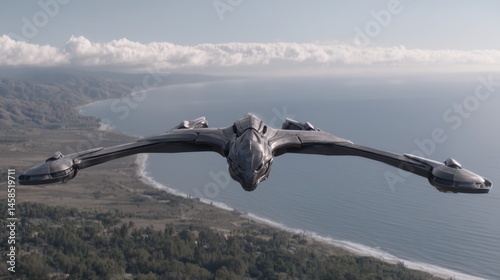 Metallic angular spacecraft flying over coastal landscape with ocean and cloudy sky