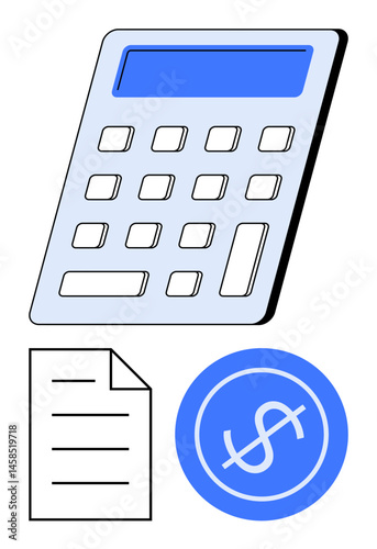 Calculator near document and dollar icon reflecting finance, budgeting, accounting, tax filing, expense tracking, profit analysis, data entry. Ideal for financial planning, flat simple metaphor