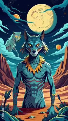 A large, scary wolf is standing in the desert, looking at a small dog. The sky is dark and cloudy, and the moon is visible in the distance. Scene is eerie and ominous