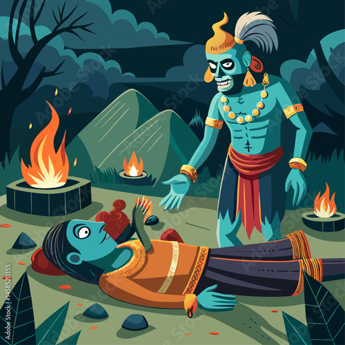 A man in a costume is holding a torch over a man lying on a bed. The man on the bed is wearing a crown and is surrounded by trees