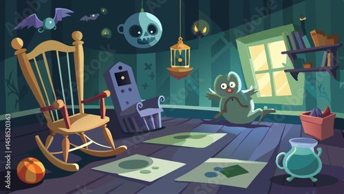 A cartoonish room with a rocking chair, a toy robot, and a monster. The room is dark and creepy, with a creepy doll sitting on a shelf
