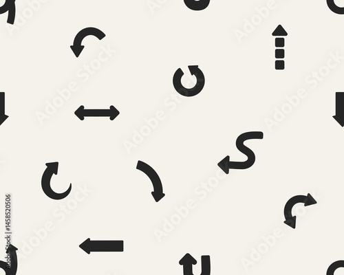 Arrows, seamless pattern, repeating print. Endless background design with pointing elements, direction, movement and navigation symbols, computer signs. Flat vector illustration for wrapping, textile