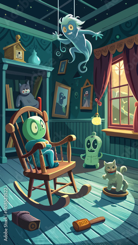 A cartoonish room with a rocking chair, a toy robot, and a monster. The room is dark and creepy, with a creepy doll sitting on a shelf