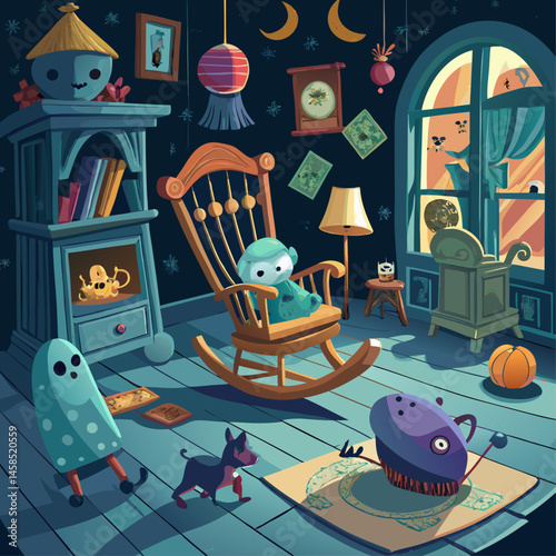 A cartoonish room with a rocking chair, a toy robot, and a monster. The room is dark and creepy, with a creepy doll sitting on a shelf