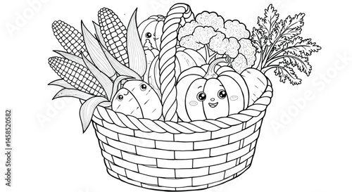 Generous Harvest Basket Filled with Assorted Vegetables Coloring Picture