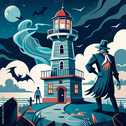 A man in a black hat stands in front of a lighthouse. The lighthouse is surrounded by bats and a ghostly figure. Scene is eerie and mysterious