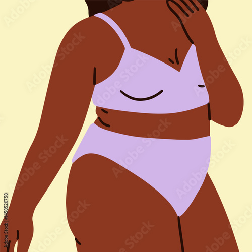 Body-positive female in bikini. Plus-size African-American black woman in lingerie, underclothing. Fat girl in bra and panties. Feminine figure with belly, square card. Flat vector illustration