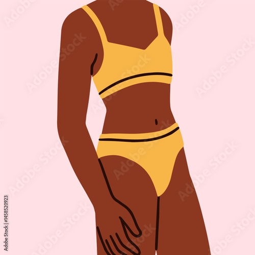 Female underwear. Black woman with thin slim body shape, wearing bathing suit, swimwear. African-American girl in lingerie, bikini, bra and panties, slender figure. Flat vector illustration