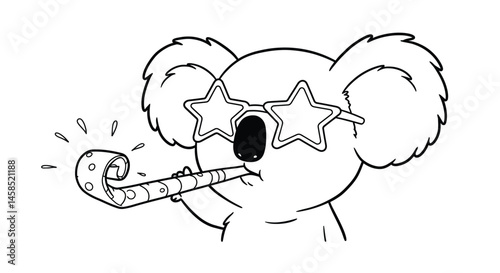Festive Koala Character Wearing Party Glasses and Holding Noise Maker