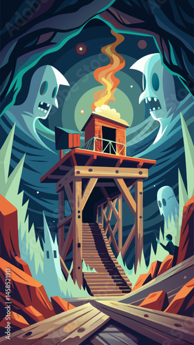 A creepy, dark, and scary scene with ghosts and a creepy house. Scene is eerie and unsettling