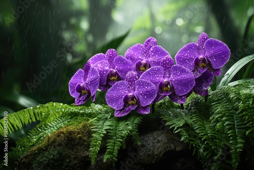 Rain-kissed purple orchids bloom vibrantly amidst lush green ferns in a tranquil rainforest setting.