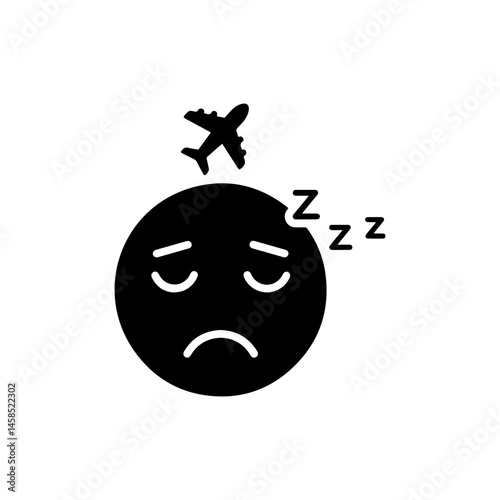 Jet Lag Black Icon with Sleepy Face and Airplane Above - Minimal