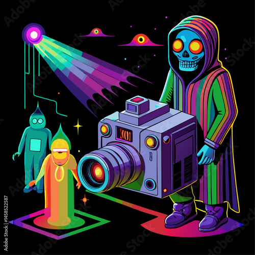 A man is holding a camera and a skull. The scene is colorful and surreal. The man is wearing a striped robe and he is a ghost. The camera is a large, colorful object that seems to be a prop
