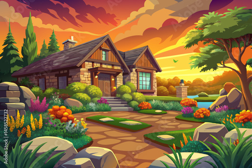 Backyard English cottage garden featuring brown stone pavement, lush green lawn, and colorful floral borders. Ideal for landscaping inspiration, countryside home design, and garden lifestyle vector