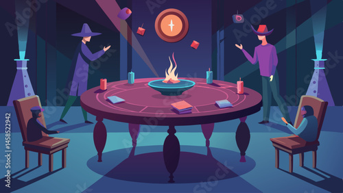 A group of people are gathered around a table with a bowl of candles and a fire. Scene is mysterious and possibly magical