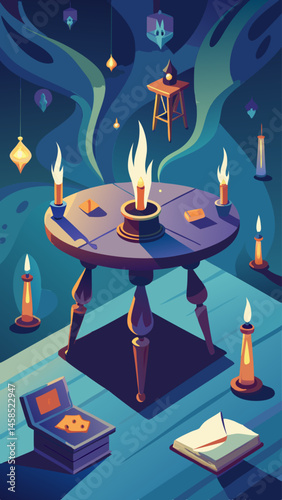 A group of people are gathered around a table with a bowl of candles and a fire. Scene is mysterious and possibly magical
