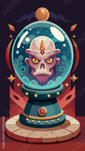 A cartoonish image of a purple skull in a crystal ball. The skull has a look of anger and is surrounded by candles