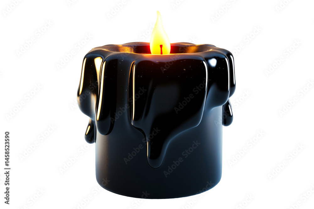Glowing black candle with dripping wax, cut out transparent