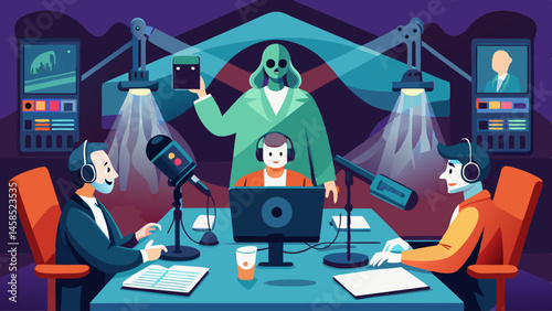 Three people are sitting at a desk with microphones and a computer. The man in the suit is wearing a tie. The background has a scary monster