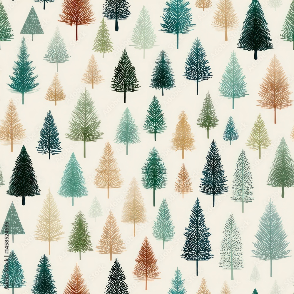 Fototapeta premium Seamless Pattern of Colorful Trees Nature Landscape Digital Art Tranquil Environment Aesthetic Viewpoint