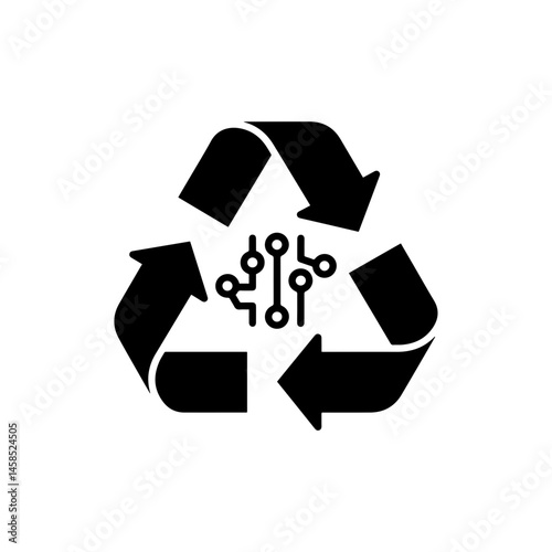 Recycling Symbol with Circuit Icon Black Filled Line