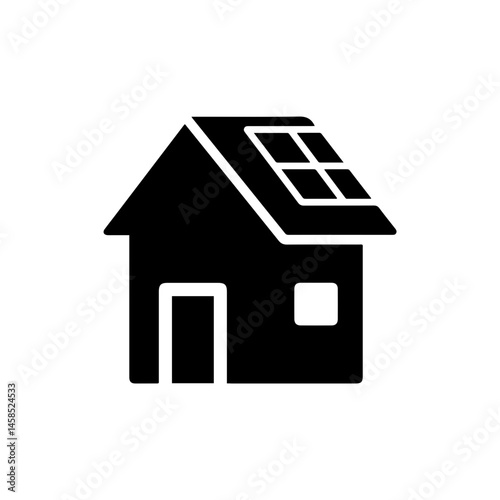 Rooftop Solar Panel on House - Black Filled Minimal Glyph Icon