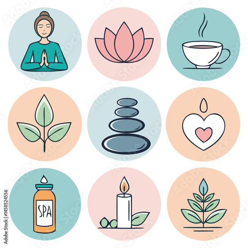 Set of hand-drawn wellness icons in pastel colors. Meditation, lotus, tea, spa, essential oil, stones, candle, leaves. Flat line vector illustration for health, self-care and relaxation themes.