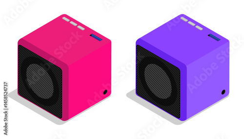 Isometric removable cube speaker. Small portable device musical speaker. Isometric aerial view vector isolated on a white background view