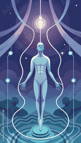 A man is surrounded by three other people, all of whom are connected to him. The man is surrounded by a blue and purple background, and the other people are connected to him by strings