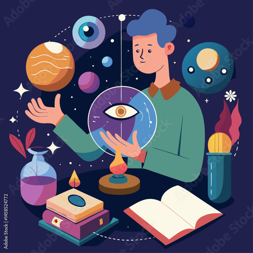 A man is holding a crystal ball and looking at it. The scene is set in a room with a book, a vase, and a potted plant. Scene is mysterious and intriguing